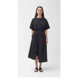 Colovos Placket Belted Shirt Dress Womens 2 Black Cotton Asymmetric Midi